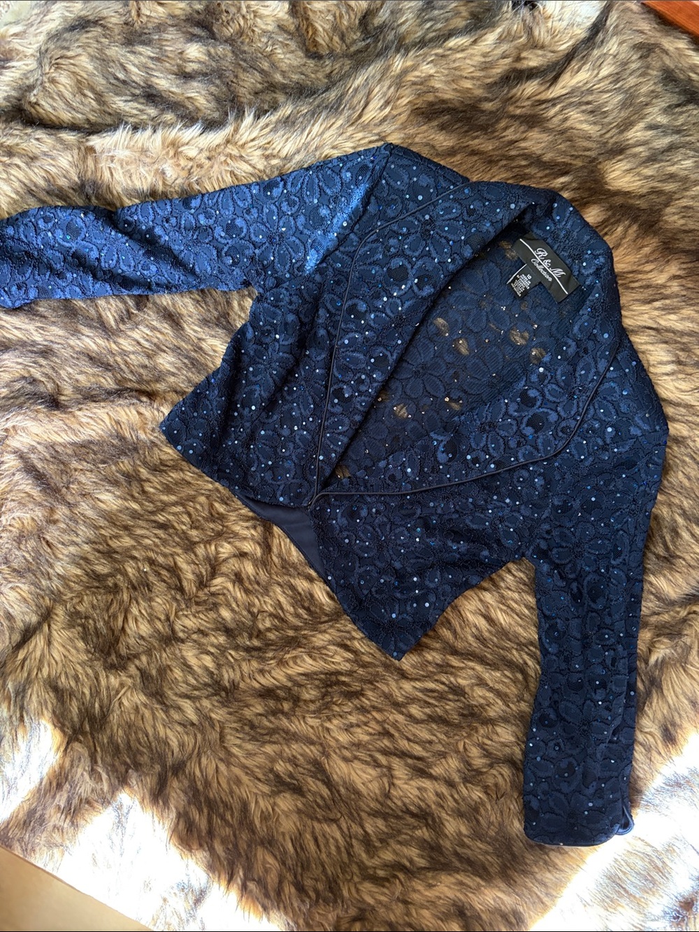 R & M Collection Navy Lace Open-Front Cropped Blazer with Sequins Size 10
